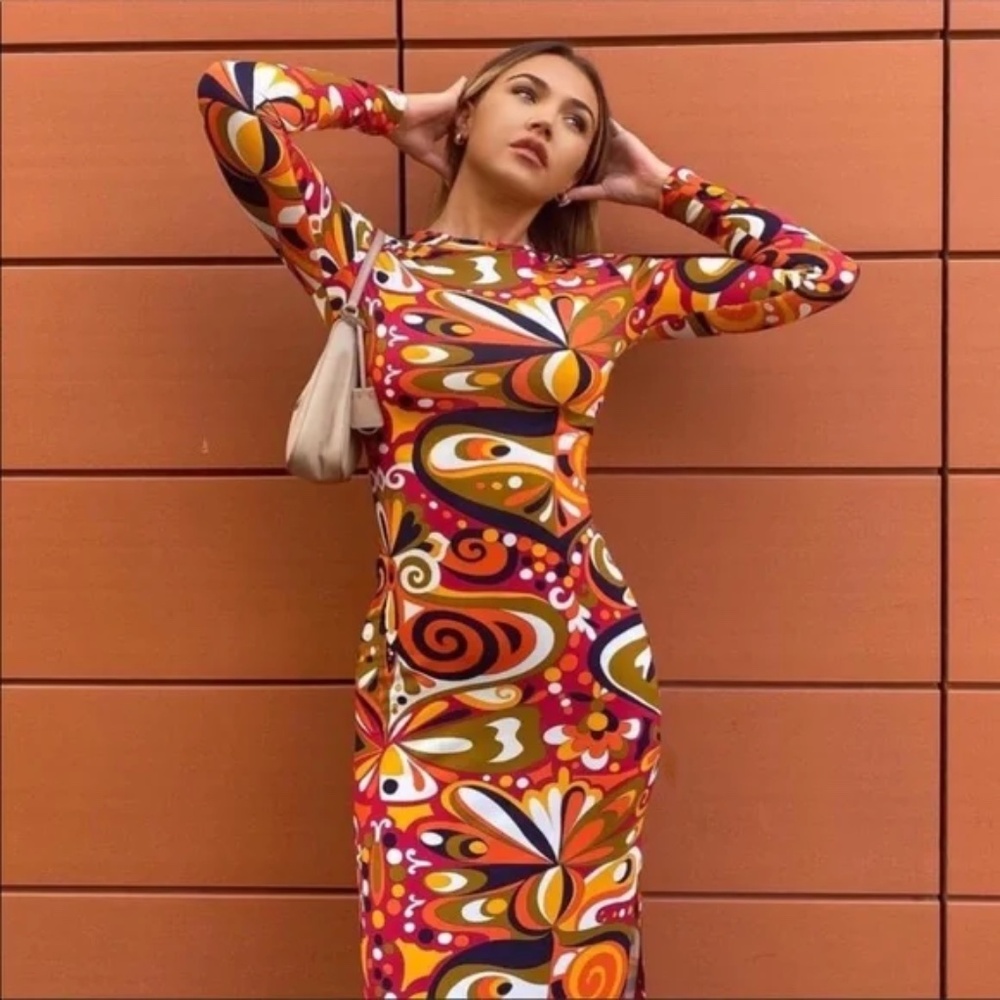 Zara Retro Psychedelic Print Long Sleeve Midi Dress Size L